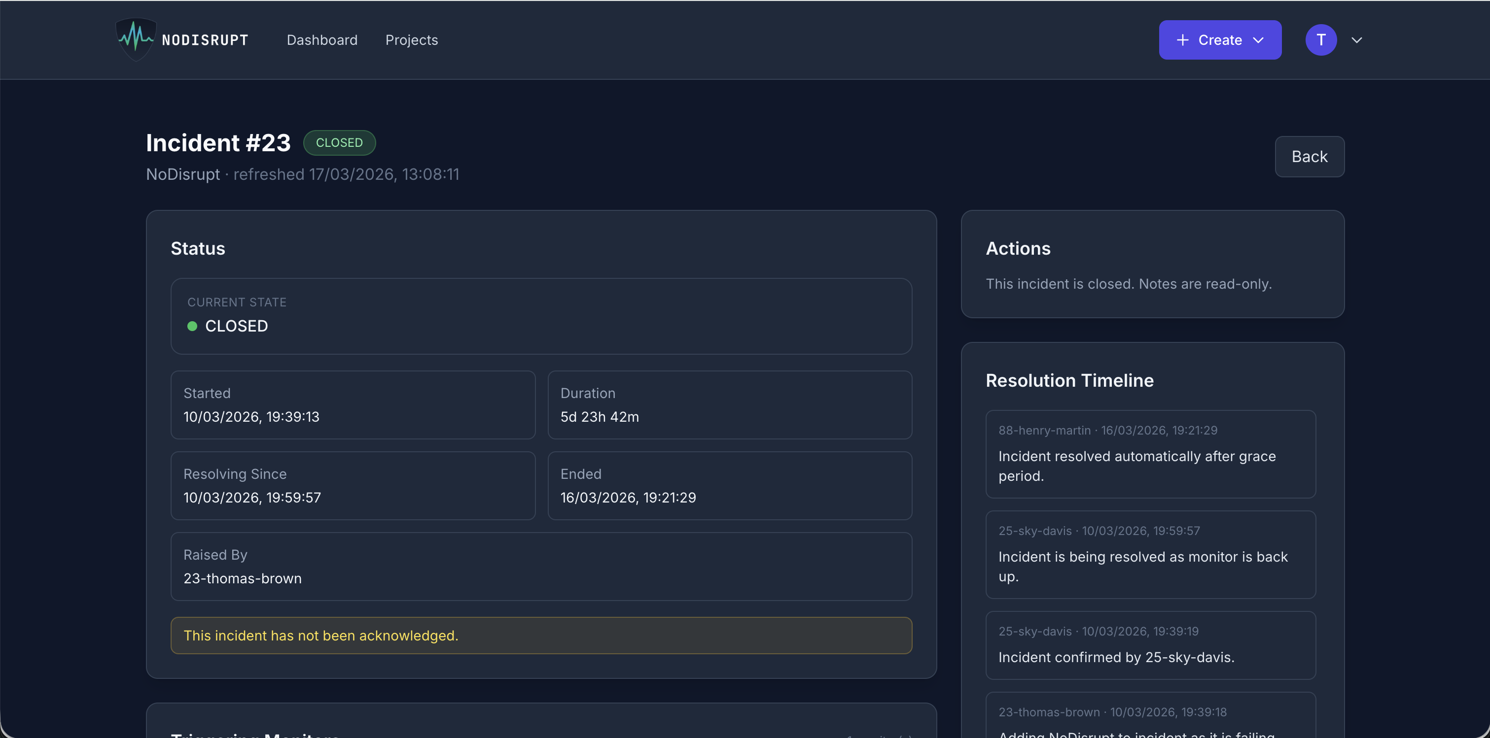 NoDisrupt incident page showing incident details and status updates