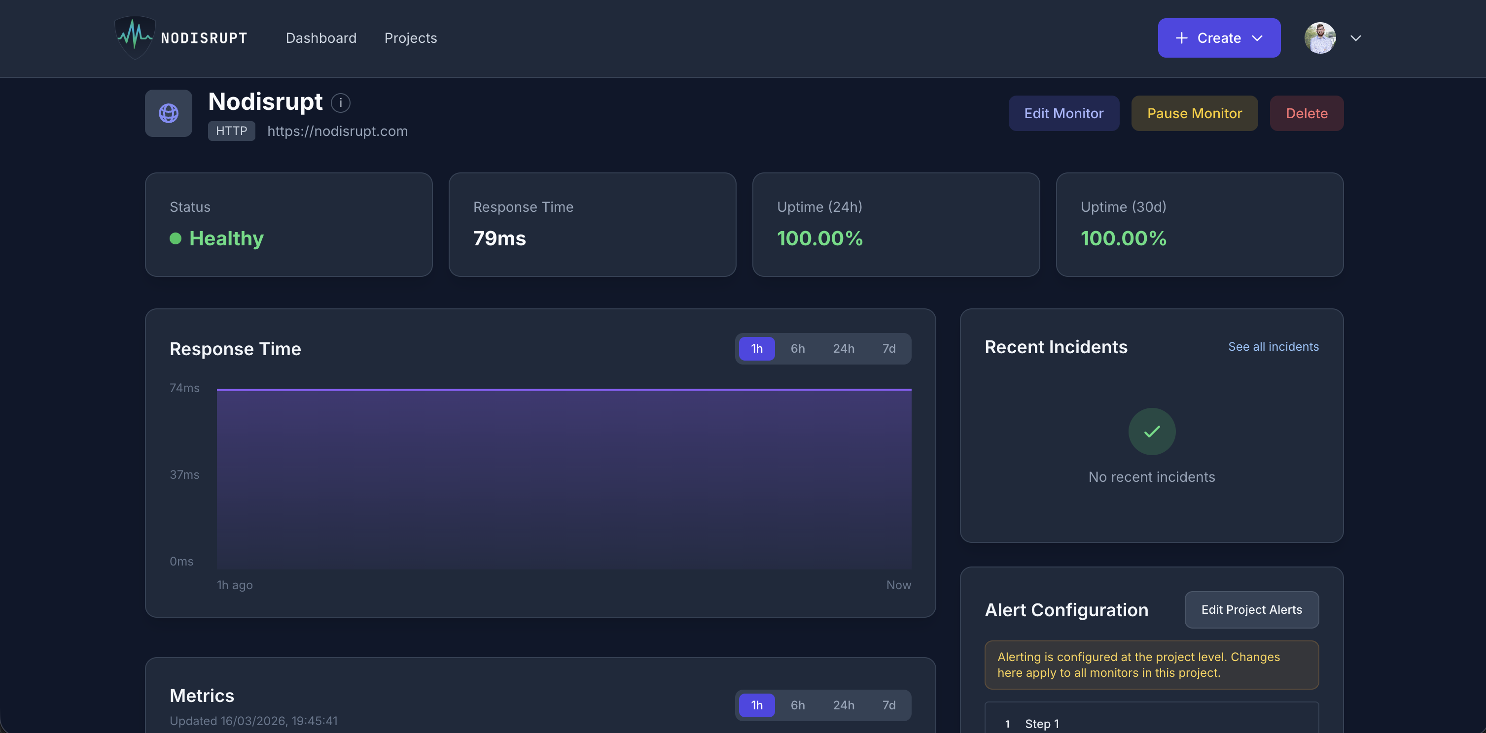 NoDisrupt monitor details view with metrics and uptime history