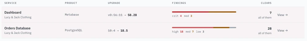 Two services listed with the version to upgrade to and the number of findings it clears.
